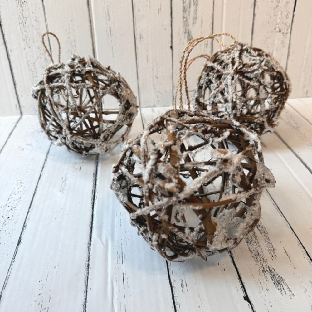3 Snow Covered Twig Holiday Ball Ornaments With Twine Hangers‎